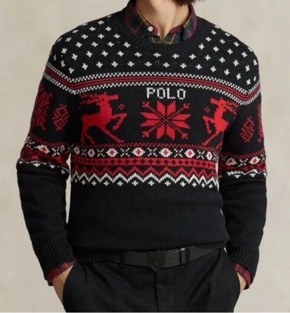 NWT Polo Ralph Lauren Black/Red COTTON/CASHMERE Fair Isle REINDEER Sweater XXL